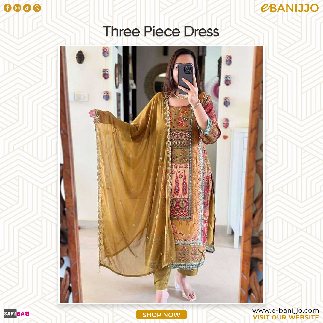 Digital print  Three-piece dress blending classic charm with modern sophistication.
