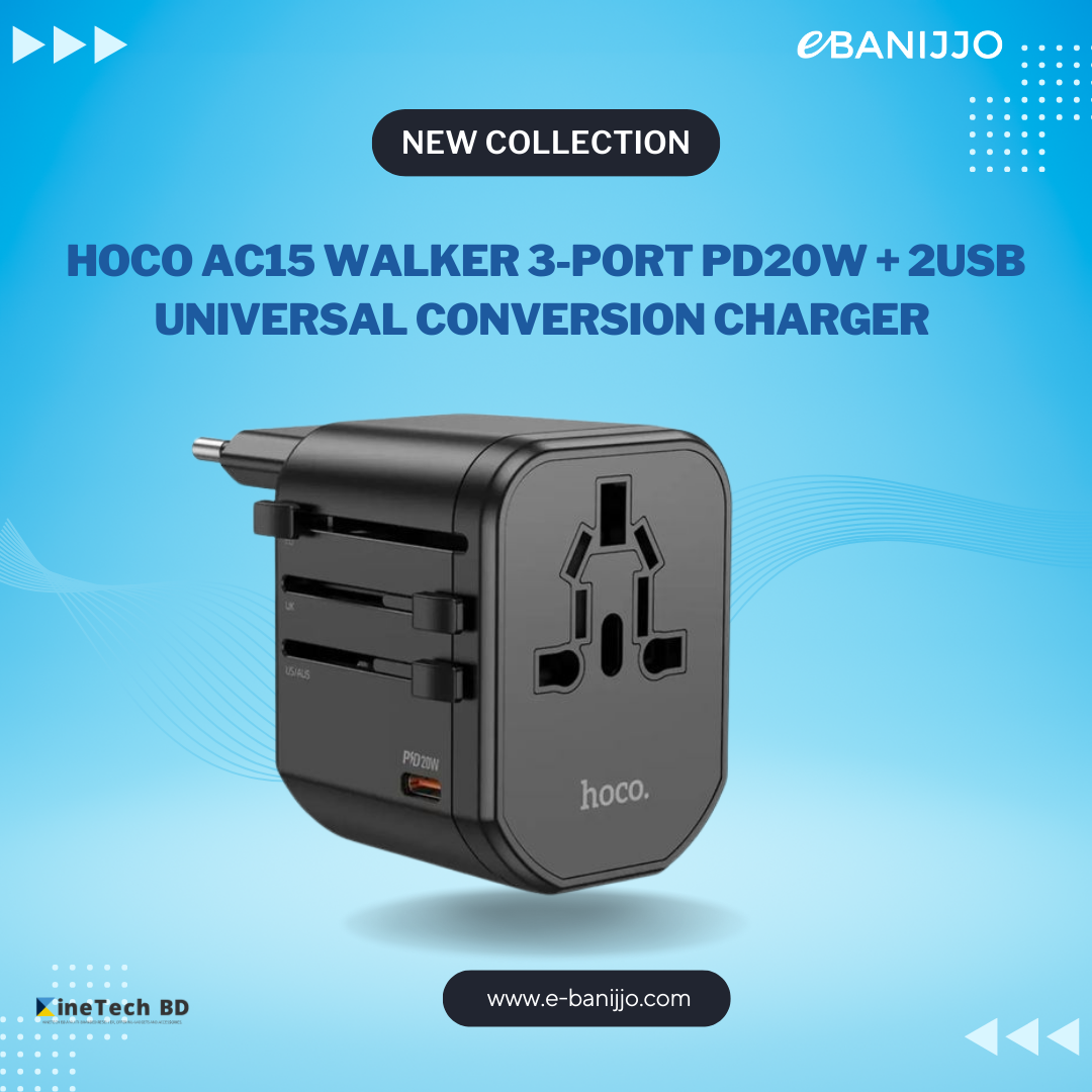 HOCO AC15 Walker 3-port PD20W + 2USB Universal Conversion Charger – Black Color