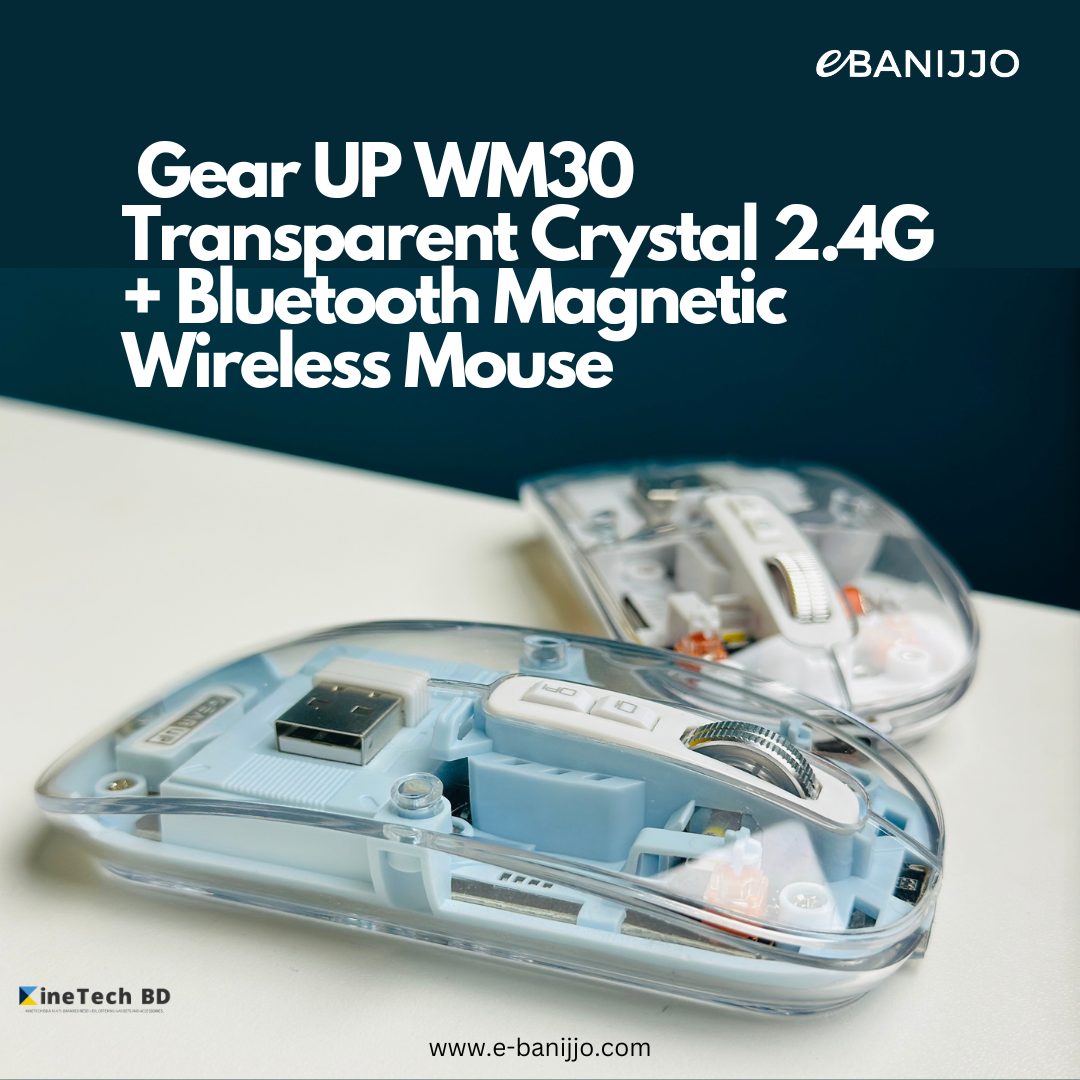 GearUP WM30 Transparent Crystal 2.4G + Bluetooth Magnetic Wireless Mouse- Blue & white colour